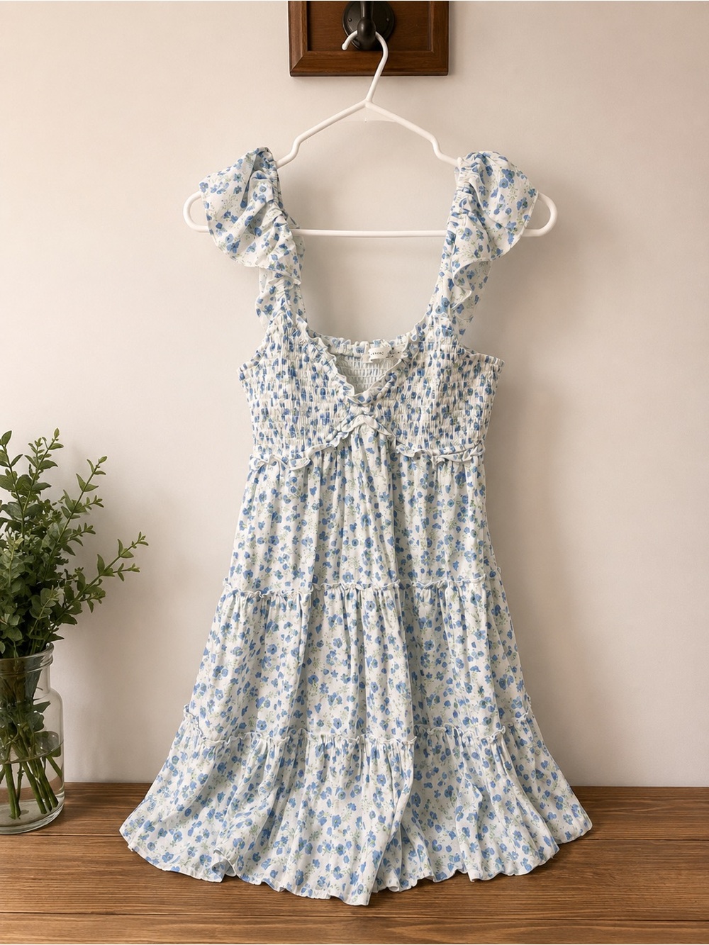 Altar'd State White Dress with Blue Floral Print